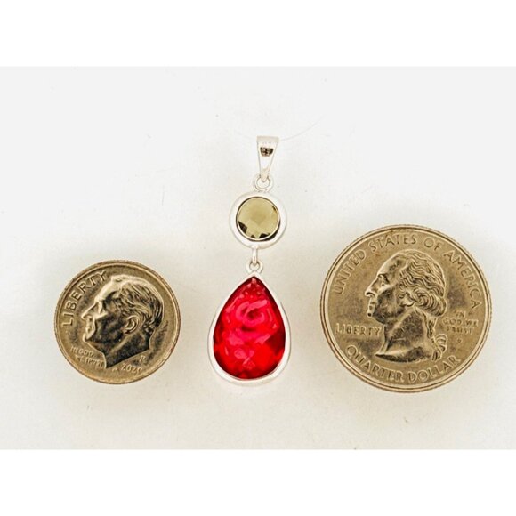 Sterling Silver Double-Sided Filigree Pear Pink & Clear Gemstone Dangle Pendant - Picture 6 of 10